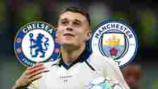 Club Brugge's Nicolo Tresoldi with Chelsea, Man City badges