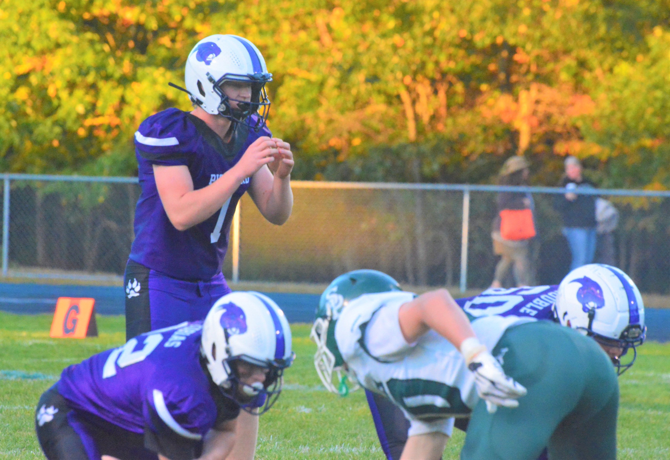 Senior quarterback Carter Rye (1) and the Pickford Panthers advanced to their fourth consecutive MHSAA 8-Player Division 1 regional football final after topping Pickford in a semifinal at home on Friday, Oct. 30. 