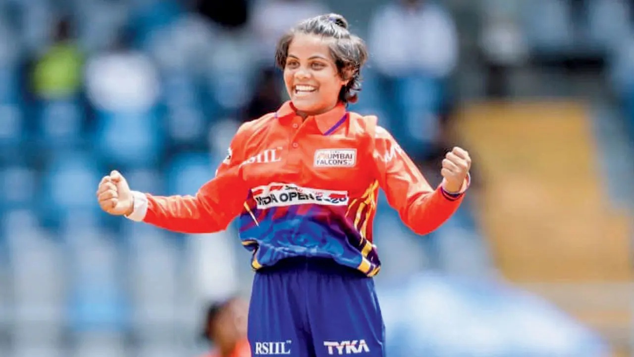 SOBO Mumbai Falcons’s Swara Jadhav celebrates an Aakash Tigers wicket at the Wankhede Stadium on Wednesday