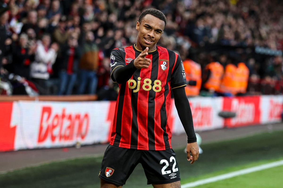  Eli Junior Kroupi of Bournemouth celebrates after he scores a goal in a Premier League match against Manchester City