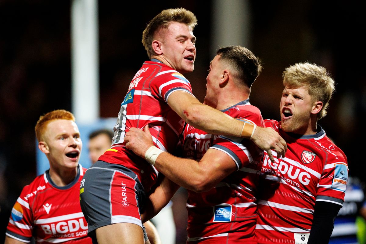 GLOUCESTER, ENGLAND - OCTOBER 23: Gloucester's Freddie Thomas celebrates scoring his sides first try during the Gallagher PREM 2026/2027 match between Gloucester Rugby and Bath Rugby at Kingsholm Stadium on October 23, 2026 in Gloucester, England. (Photo by Bob Bradford - CameraSport via Getty Images)