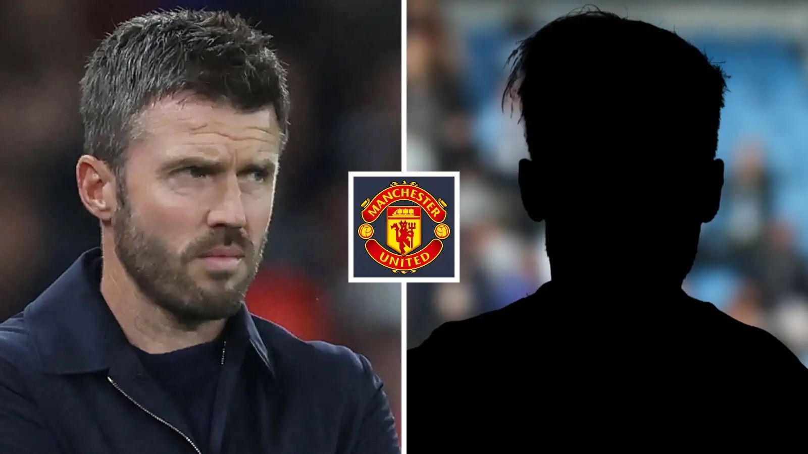Split image of Manchester United manager Michael Carrick and a shadow, with the Manchester United badge - copyright TEAMtalk