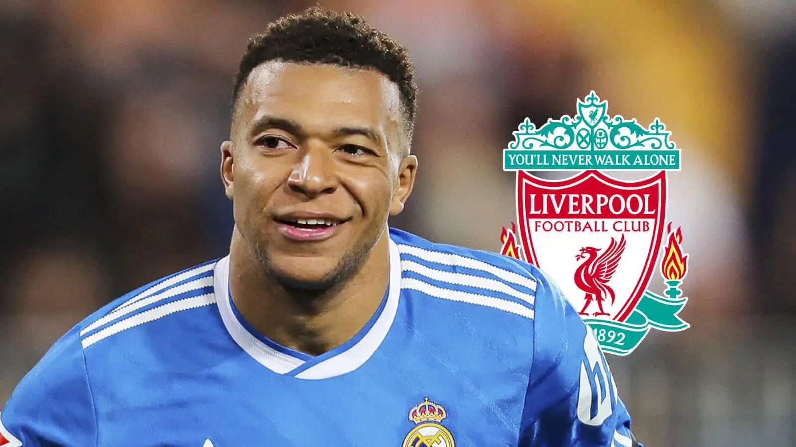 Real Madrid striker Kylian Mbappe next to the Liverpool badge - copyright TEAMtalk