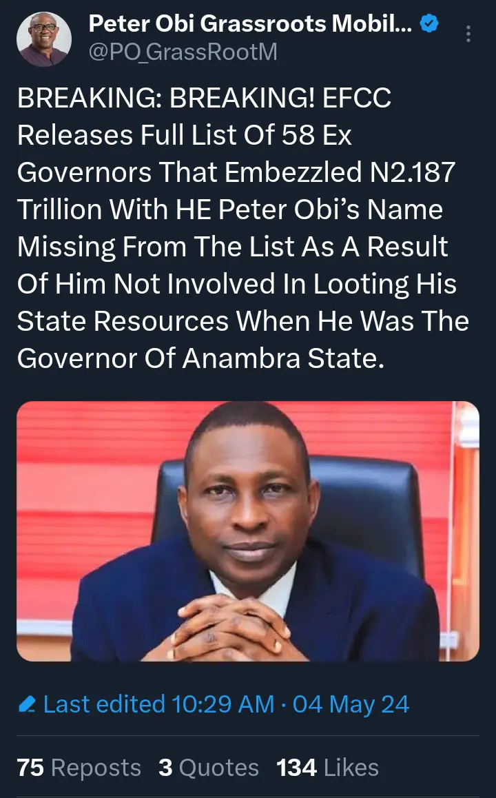 Reactions After Peter Obi’s Name Found EFCC’s List Ex-Governors Looted N2.187T