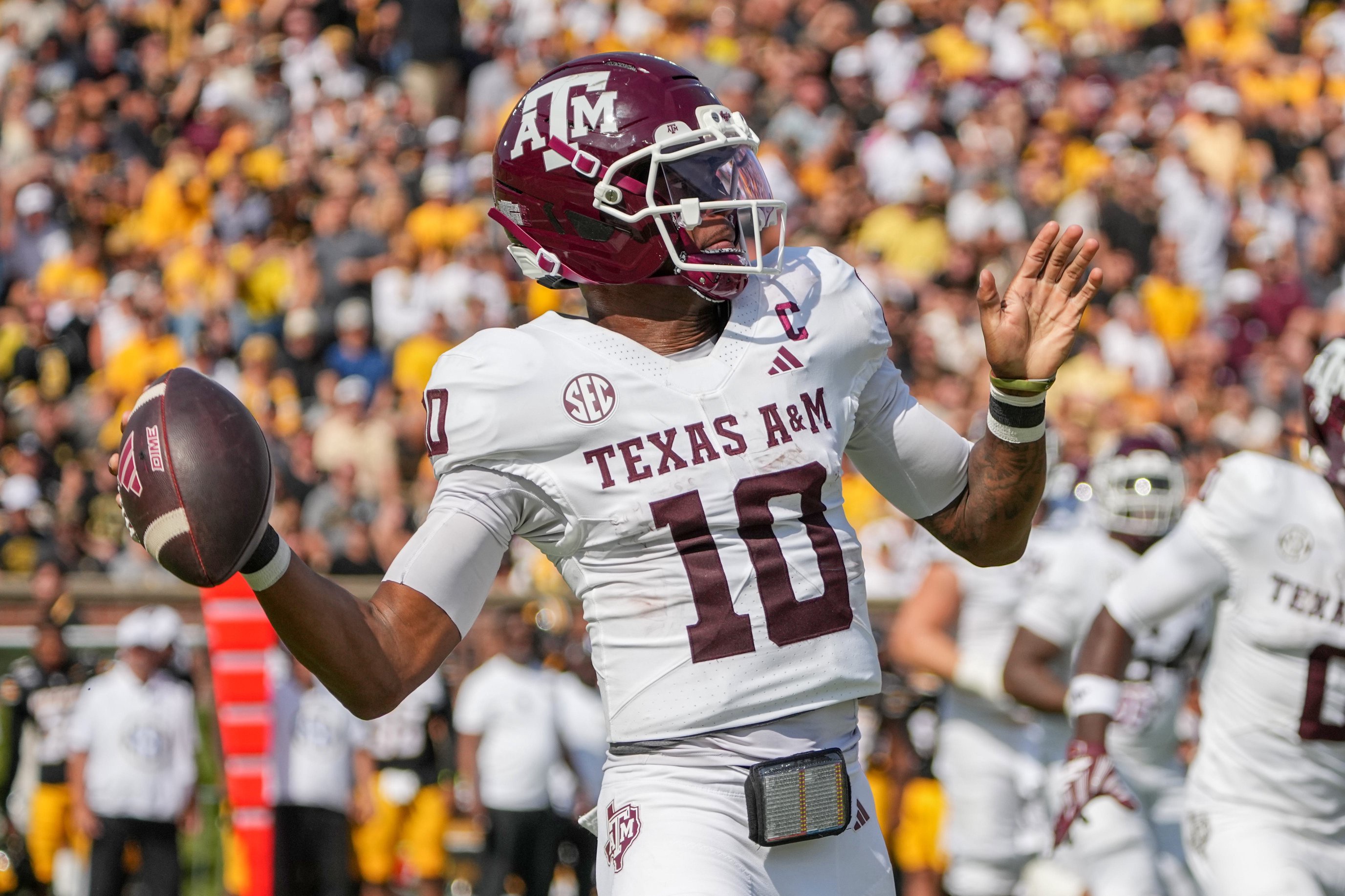 Oct 10, 2026; Columbia, Missouri, USA; Texas A&amp;M Aggies quarterback Marcel Reed (10) throws a pass against the Missouri Tigers during the first half of the game at Faurot Field at Memorial Stadium. Mandatory Credit: Denny Medley-Imagn Images
