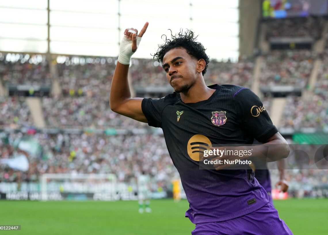 Lamine Yamal right winger of Barcelona and Spain celebrates after scoring his sides first goal during the LaLiga EA Sports 2026/27 match between Real Betis Balompie and FC Barcelona (Photo by Jose Breton/Pics Action/NurPhoto via Getty Images)