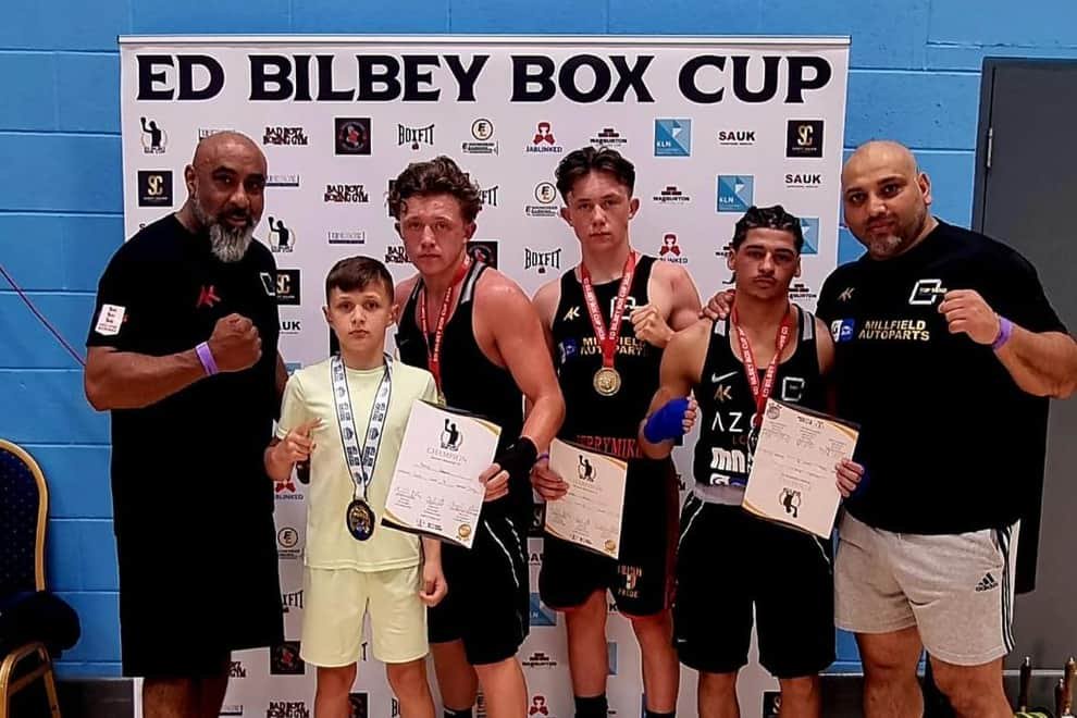 Top Yard Boxing Club at the Ed Bilbey Box Cup. From the left, coach Shujah Saklain, Dan Connors, Patrick Connors, Jerry-Mike Connors, Ismail Arif and coach Hamad Javed.