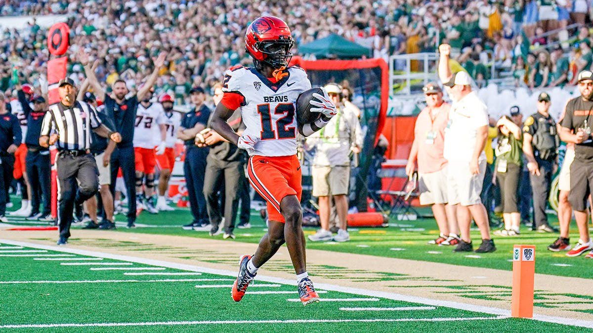 Oregon State Beavers wide receiver Jesse Legree runs for a touchdown against the Colorado State Rams in the first half at Sonny Lubick Field at Canvas Stadium in Fort Collins, Colo., on Oct. 3, 2026.