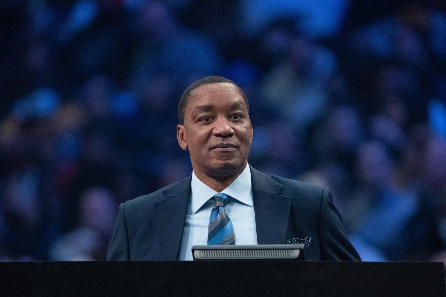 Cleveland, OH, USA; NBA great Isiah Thomas during the Slam Dunk Contest during the 2022 NBA All-Star Saturday Night at Rocket Mortgage Field House. Mandatory Credit: Kyle Terada-USA TODAY Sports