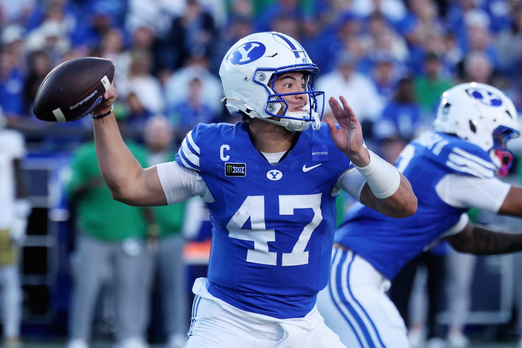 Oct 17, 2026; Provo, Utah, USA;  Brigham Young Cougars quarterback Bear Bachmeier (47) passes against the Notre Dame Fighting Irish during the first half at LaVell Edwards Stadium.  Mandatory Credit: Rob Gray-Imagn Images