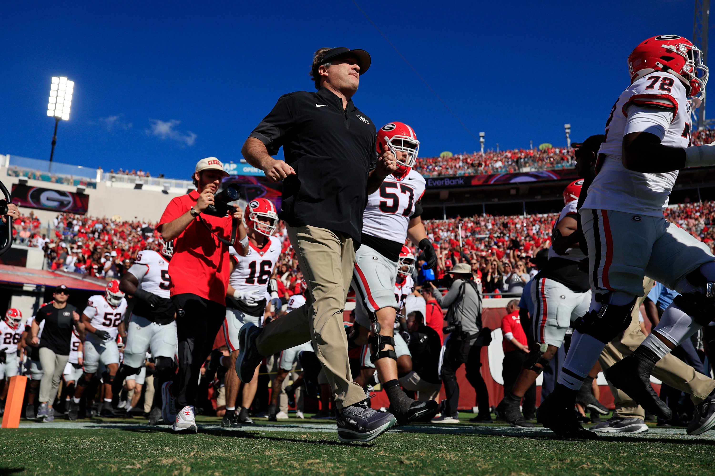 Georgia Bulldogs head coach Kirby Smart takes to the field with the team before an NCAA football game, Saturday, Nov. 1, 2025, at EverBank Stadium in Jacksonville, Fla. Georgia held off Florida 24-20. [Corey Perrine/Florida Times-Union]