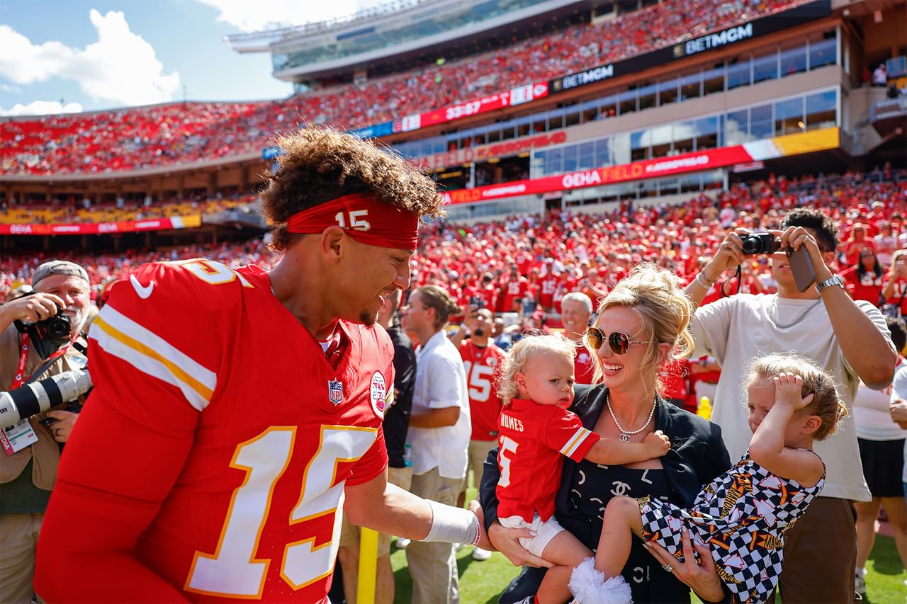 Patrick and Brittany Mahomes with their kids at a Chiefs game in September 2024.Credit: David Eulitt/Getty
