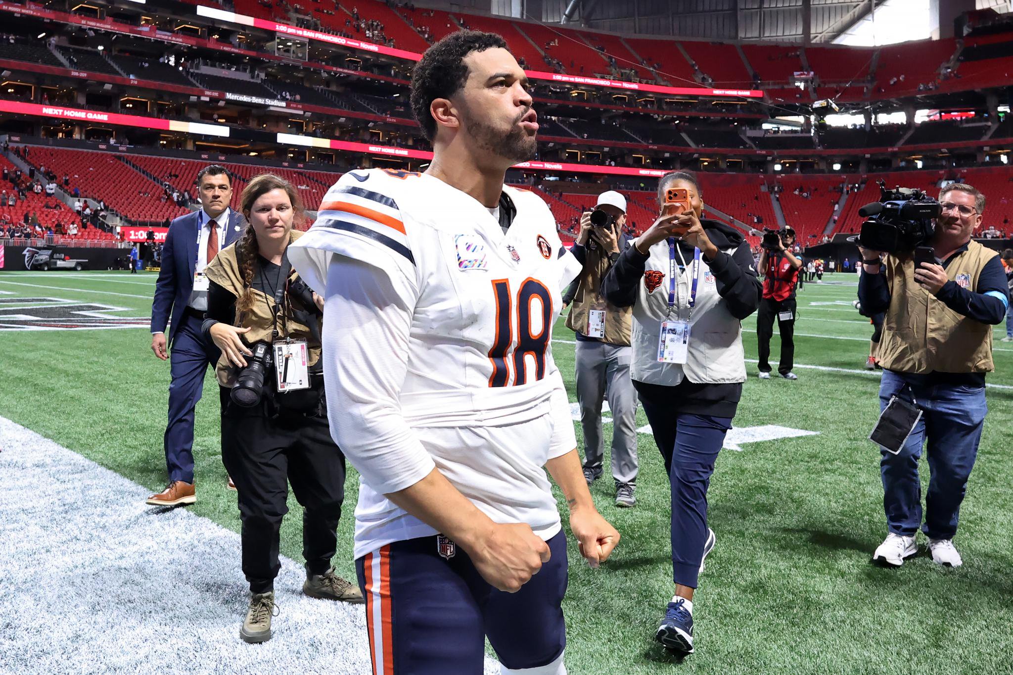 Caleb Williams (18) of the Chicago Bears celebrates after defeating the Atlanta Falcons at Mercedes-Benz Stadium in Atlanta, Georgia, Sunday, Oct. 18, 2026.
