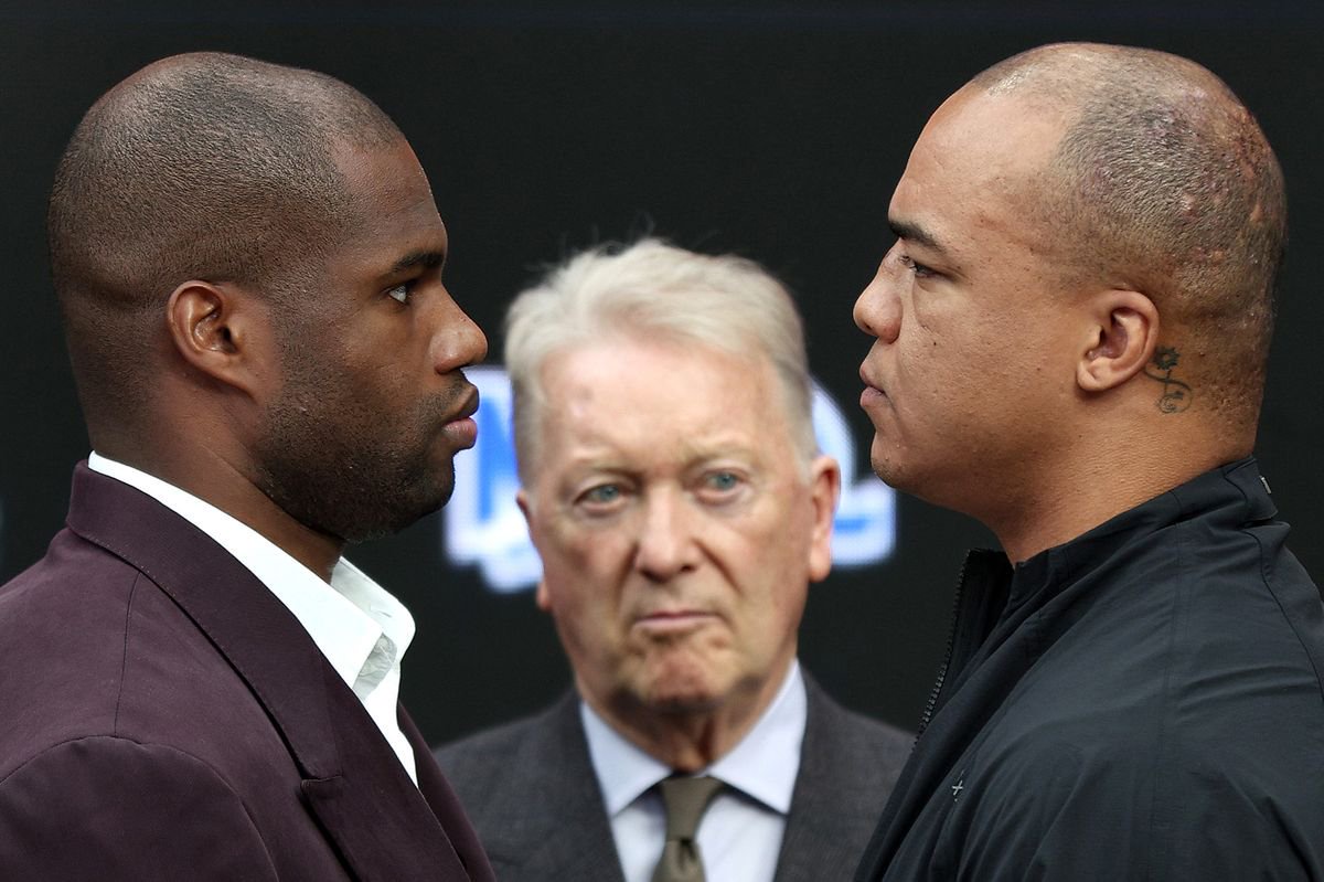 Daniel Dubois and Fabio Wardley face off before their WBO World Heavyweight Title fight during the Daniel Dubois v Fabio Wardley 2: Run It Back press conference at Studio 338