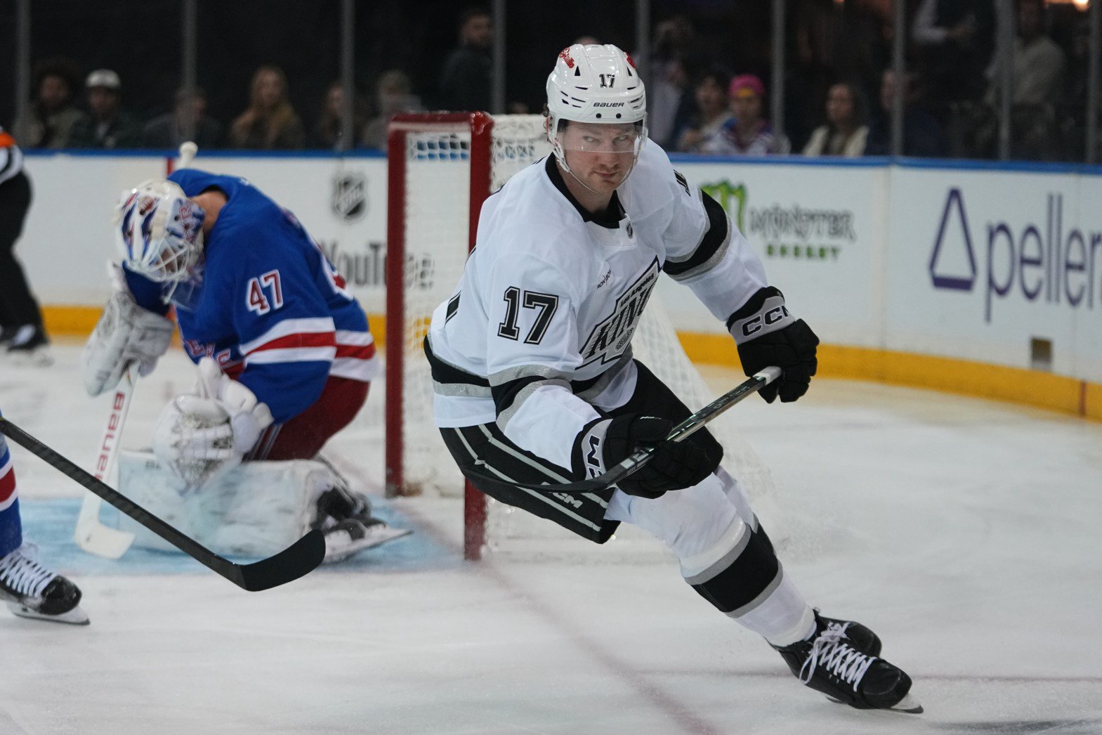 The Kings’ Taylor Ward, right, reacts after scoring a goal past New York Rangers goaltender James Reimer, left, during the first period Monday, Oct. 26, 2026, in New York. (AP Photo/Frank Franklin II)
