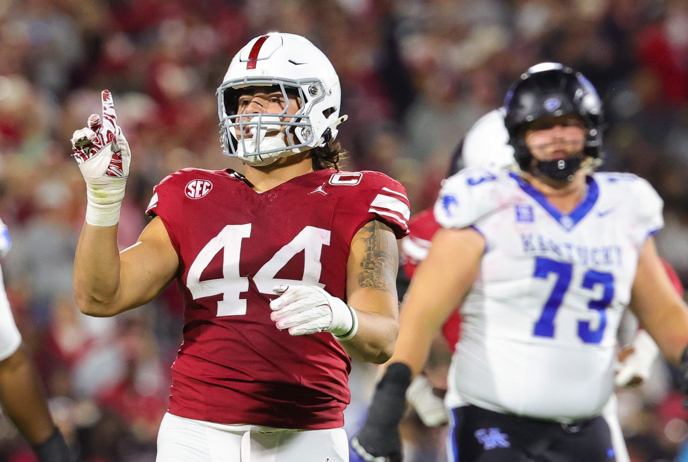 Oct 17, 2026; Norman, Oklahoma, USA;  Oklahoma Sooners defensive lineman Taylor Wein (44) reacts during the second half against the Kentucky Wildcats at Gaylord Family-Oklahoma Memorial Stadium. Mandatory Credit: Kevin Jairaj-Imagn Images