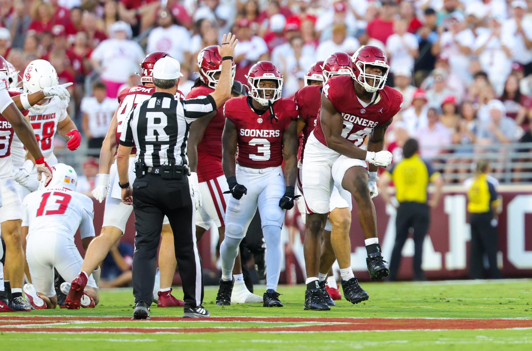 Sep 19, 2026; Norman, Oklahoma, USA; Oklahoma Sooners defensive lineman Adepoju Adebawore (34) reacts during the first quarter against the New Mexico Lobos at Gaylord Family-Oklahoma Memorial Stadium. Mandatory Credit: Kevin Jairaj-Imagn Images