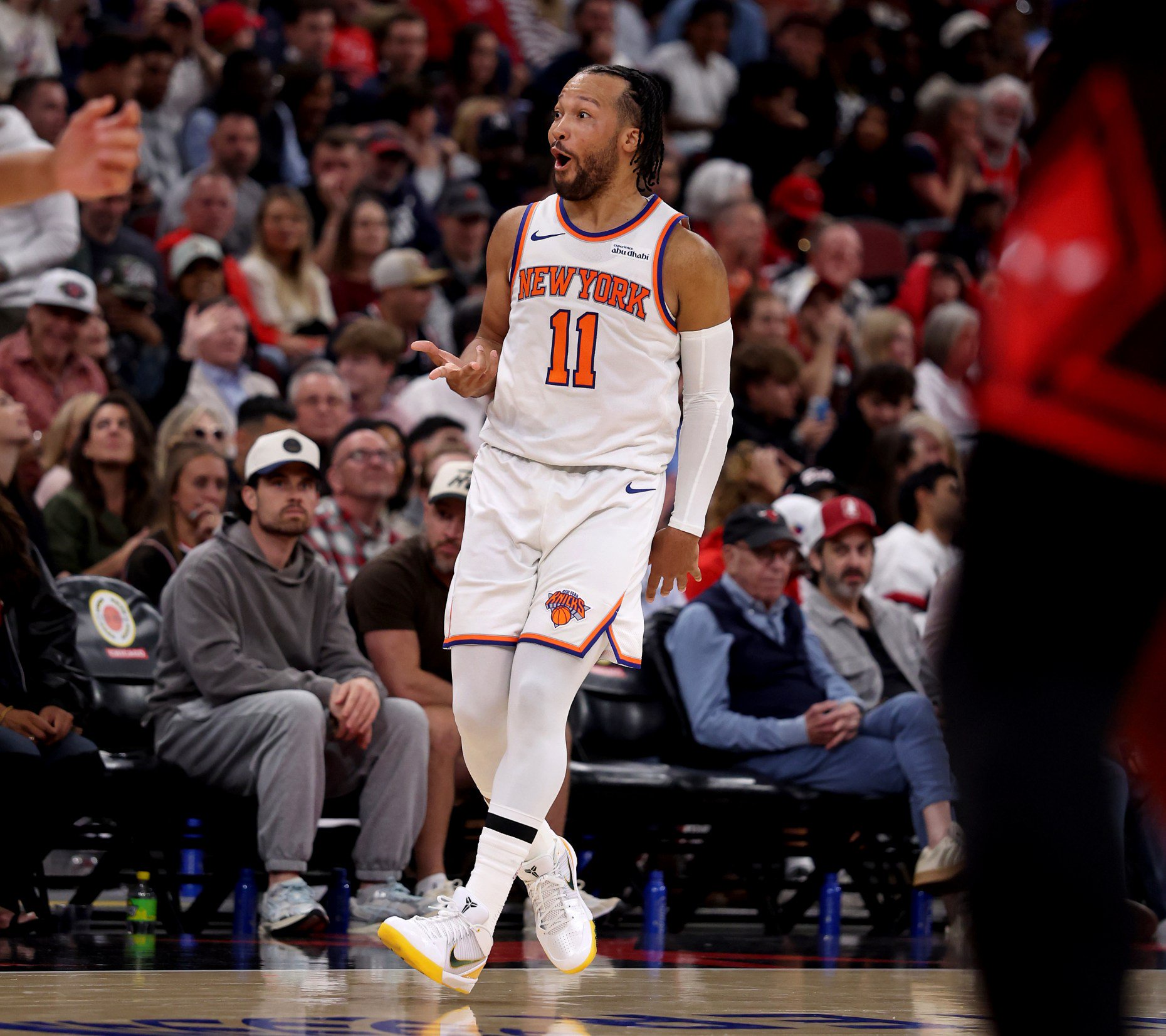 New York Knicks guard Jalen Brunson (11) celebrates after hitting a three-pointer in the second half of a game against the Chicago Bulls at the United Center in Chicago on Oct. 28, 2026. (Chris Sweda/Chicago Tribune)