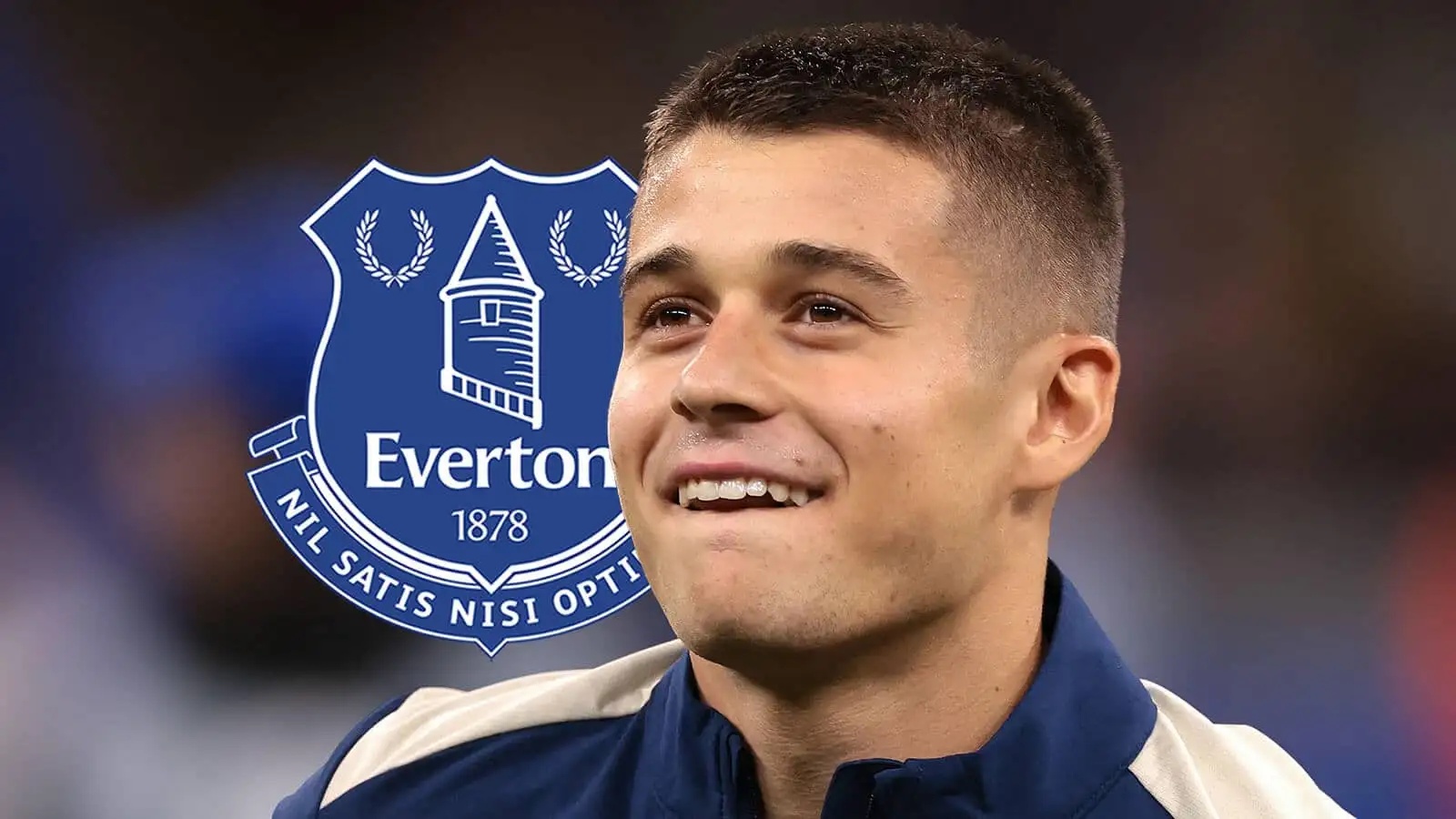 Club Brugge star Nicolo Tresoldi with an Everton badge