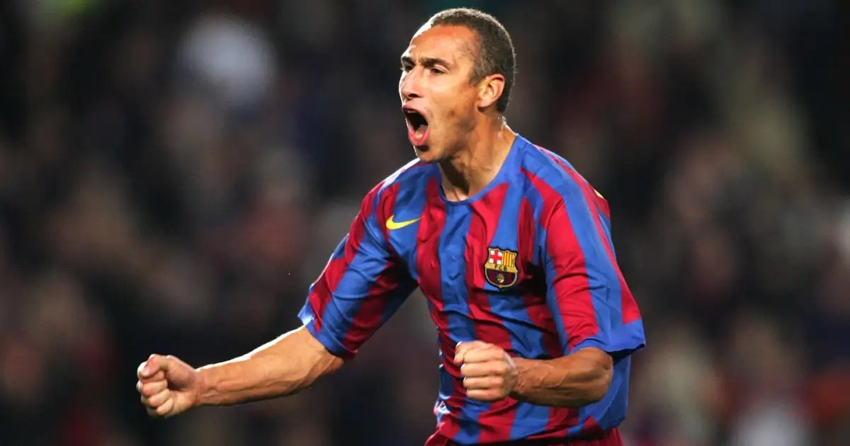 Barcelona's Henrik Larsson celebrates scoring agaisnt Werder Bremen the Champions League. Camp Nou, November 2005.