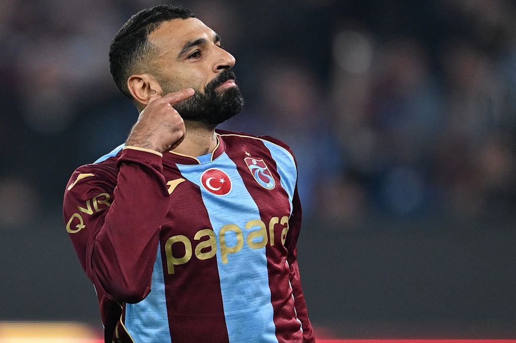 TRABZON, TURKIYE - OCTOBER 19: Trabzonspor's Mohamed Salah celebrates after score a goal during the Turkish Super Lig Week 8 football match between Trabzonspor and Besiktas at Papara Park in Trabzon, Turkiye, on October 19, 2026. (Photo by Hakan Burak Altunoz/Anadolu via Getty Images)