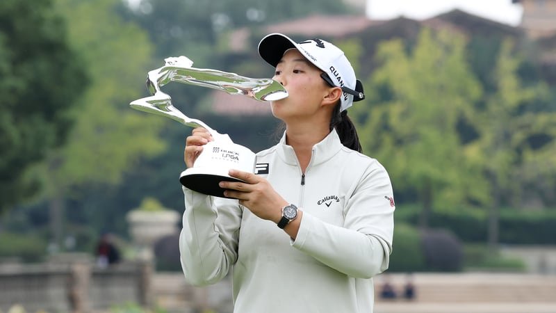 SHANGHAI, CHINA - OCTOBER 18: Ruoning Yin of China poses with the winner's trophy after her victory following the final round of the Buick LPGA Shanghai 2026 at Sheshan Golf Club on October 18, 2026 in Shanghai, China. (Photo by Zhe Ji/Getty Images)