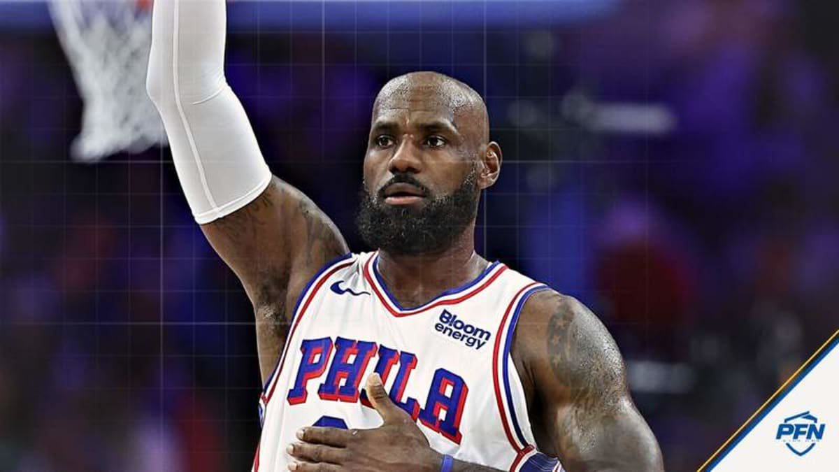 Oct 16, 2026; Philadelphia, Pennsylvania, USA; Philadelphia 76ers forward LeBron James (23) reacts in a game against the Boston Celtics at Xfinity Mobile Arena. © Bill Streicher-Imagn Images