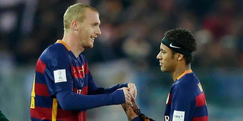 FC Barcelona's Jeremy Mathieu comes on as a substitute to replace Neymar