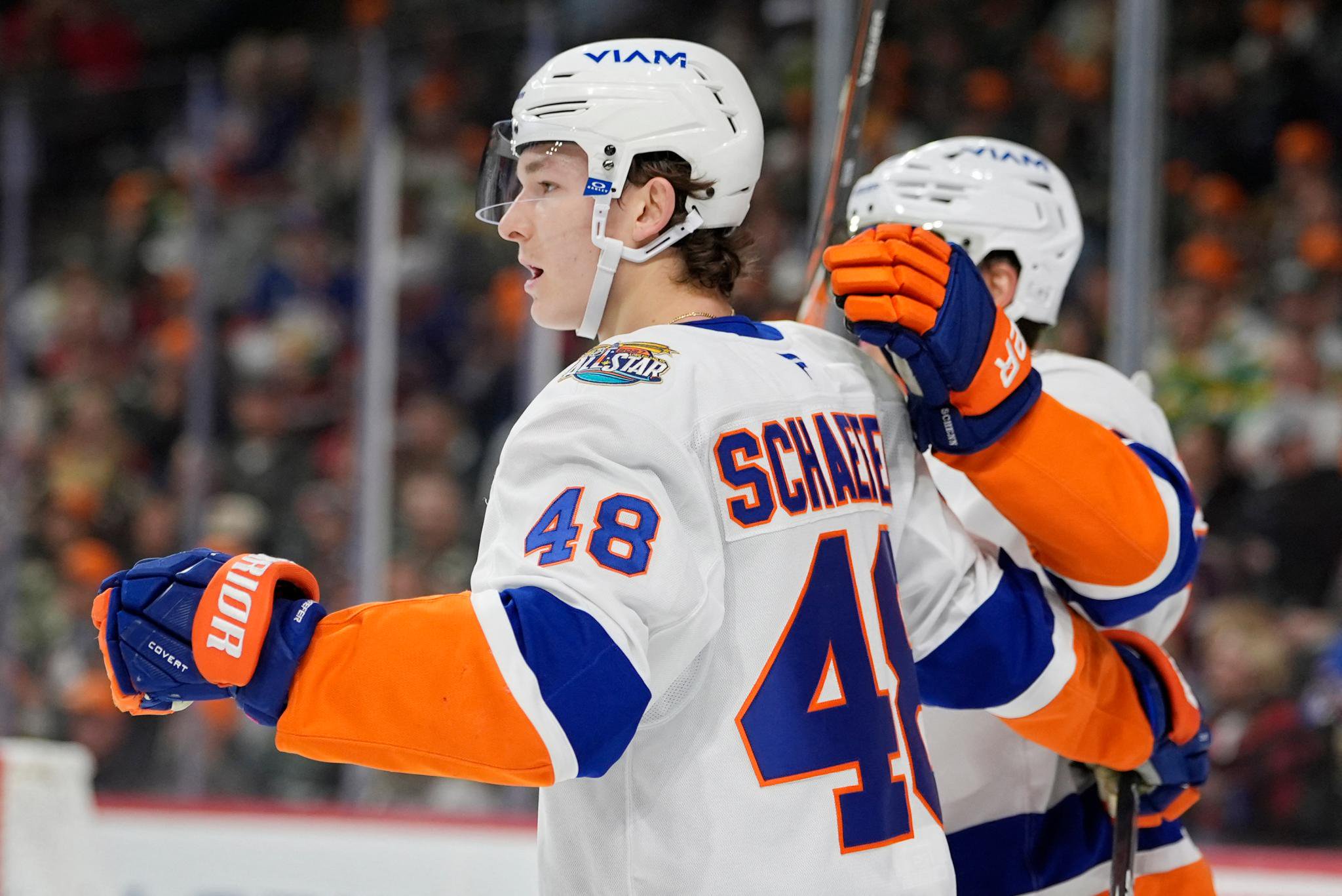 New York Islanders defenseman Matthew Schaefer celebrates his goal against the Minnesota Wild.