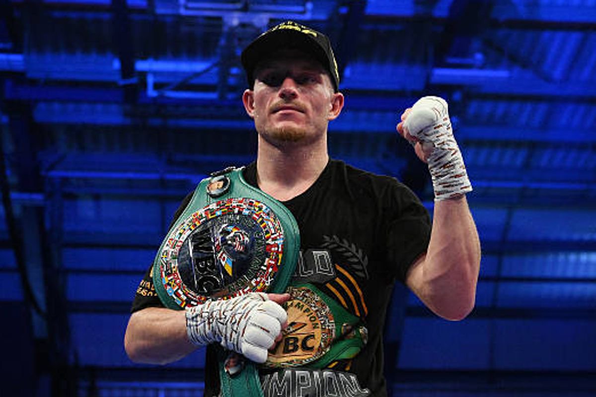Dalton Smith poses for a photo with his title belt following victory over Mathieu Germain in their super lightweight fight at Canon Medical Arena on April 19, 2025 in Sheffield, England.