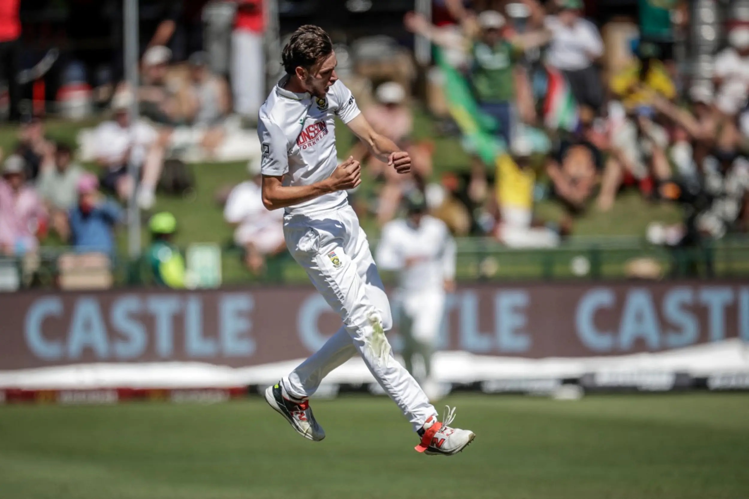 Marco Jansen celebrates the dismissal of Australia's Cameron Green on the second day of the third cricket Test at Newlands in Cape Town on Wednesday
