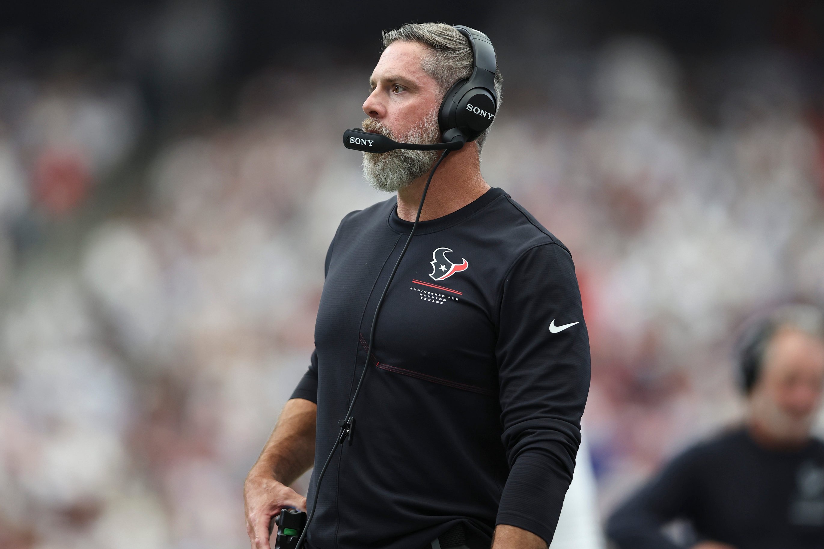 Sep 13, 2026; Houston, Texas, USA; Houston Texans defensive coordinator Matt Burke on the sideline during the game against the Buffalo Bills at Reliant Stadium. Mandatory Credit: Troy Taormina-Imagn Images