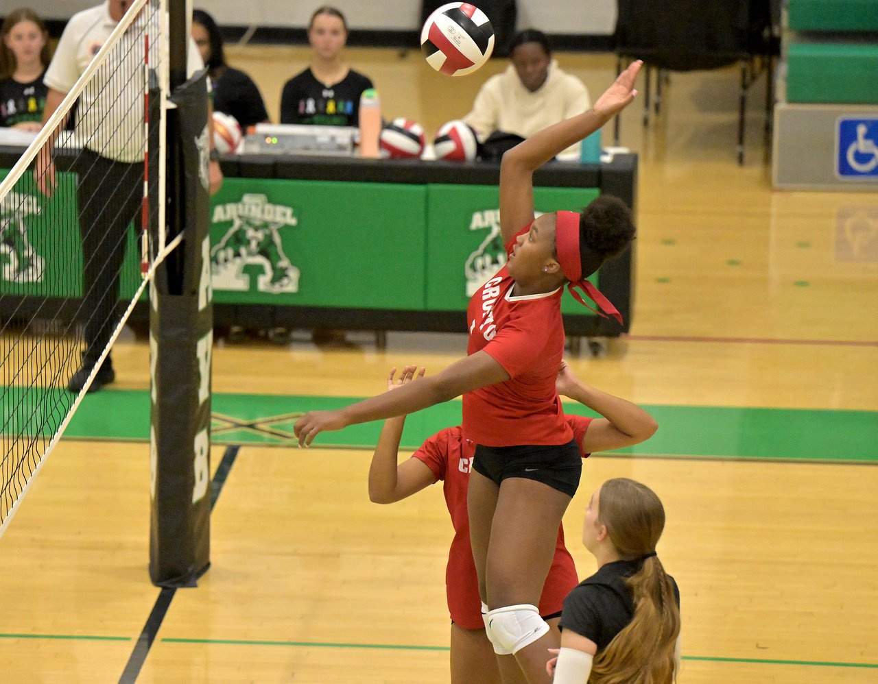Crofton Cardinals Autumn Williams #1 hits the ball over in the second set. The Arundel Wildcats defeated the visiting Crofton Cardinals in three sets in their high school volleyball match Tuesday evening. (Paul W. Gillespie/Staff)