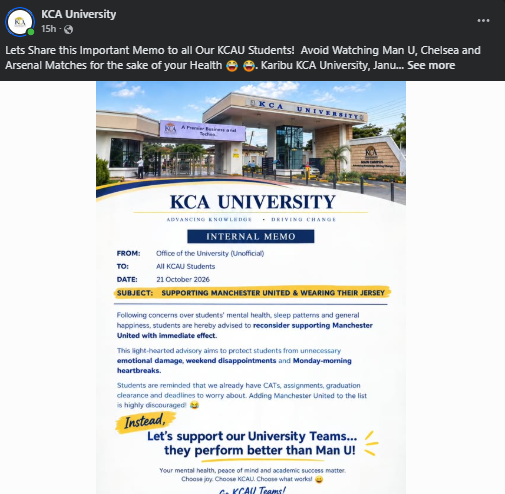 KCA University's notice cauting students against supporting Manchester United. PHOTO/Screengrab by K24 Digital/https://www.facebook.com/KCAUniversityOfficial