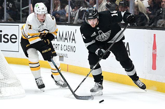 Los Angeles Kings right wing Alex Laferriere (14) takes control of the puck against Boston Bruins defenseman Will Borgen (17) during the second period of an NHL hockey game Saturday, Oct. 17, 2026, in Los Angeles. (AP Photo/Wally Skalij)
