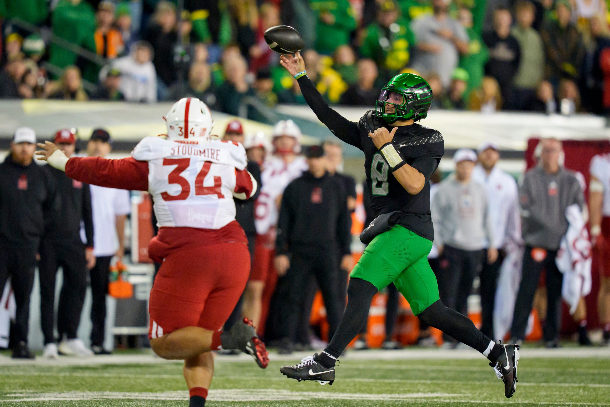 Oregon Ducks quarterback Dylan Raiola throws out a pass as the Oregon Ducks host the Nebraska Cornhuskers on Oct. 17, 2026, at Autzen Stadium in Eugene, Oregon.