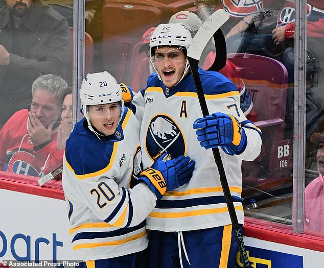 Buffalo Sabres' Tage Thompson (72) celebrates with teammate Jiri Kulich after scoring against the Montreal Canadiens during third period NHL hockey action in Montreal on Saturday, Oct. 17, 2026. (Graham Hughes/The Canadian Press via AP)