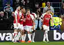 Arsenal winger Leandro Trossard celebrates scoring goal vs Wolves in Premier League