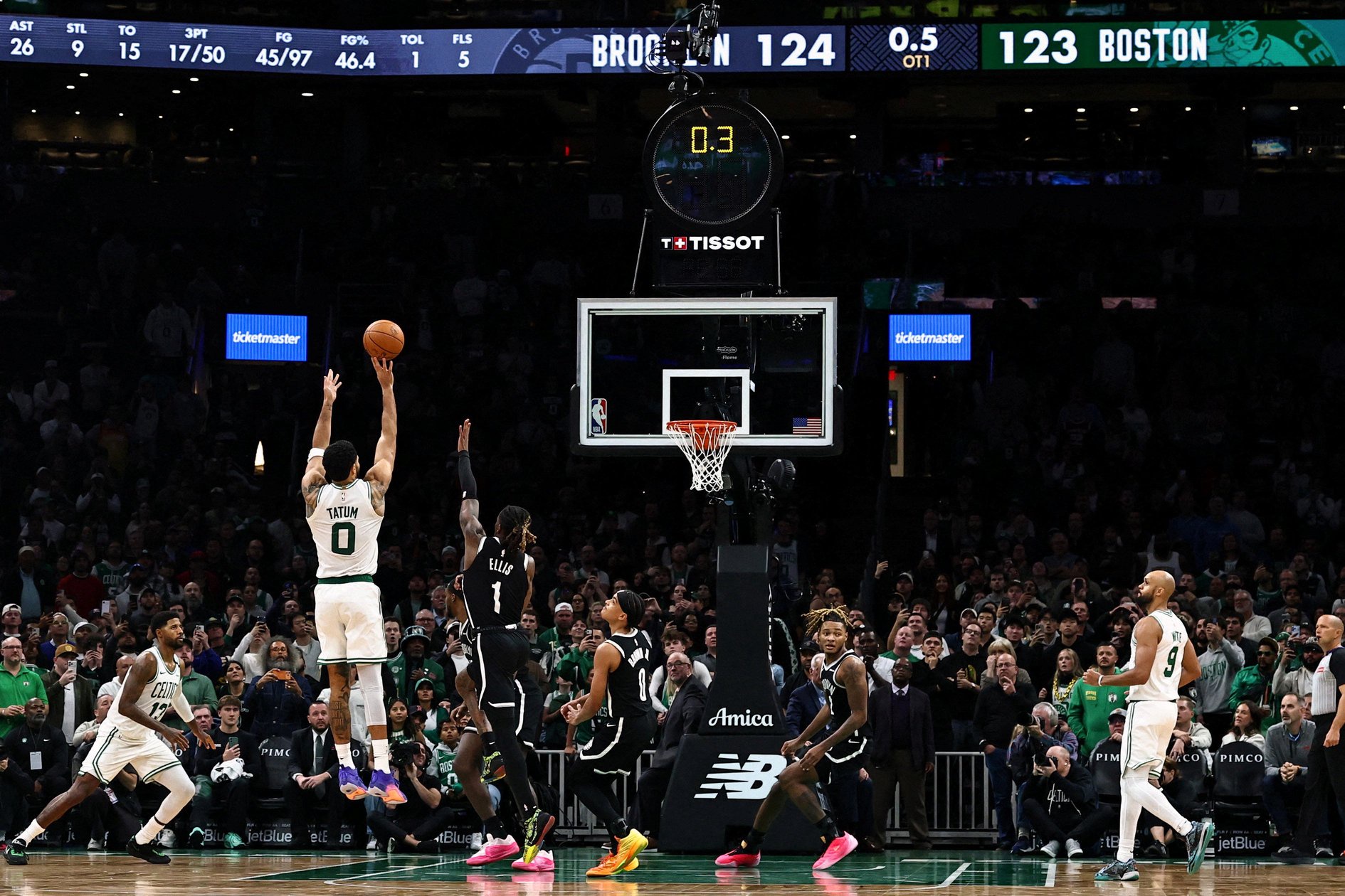 Oct 27, 2026; Boston, Massachusetts, USA; Boston Celtics forward Jayson Tatum (0) makes the game winning shot at the end of overtime to beat the Brooklyn Nets at TD Garden. Mandatory Credit: Winslow Townson-Imagn Images     TPX IMAGES OF THE DAY