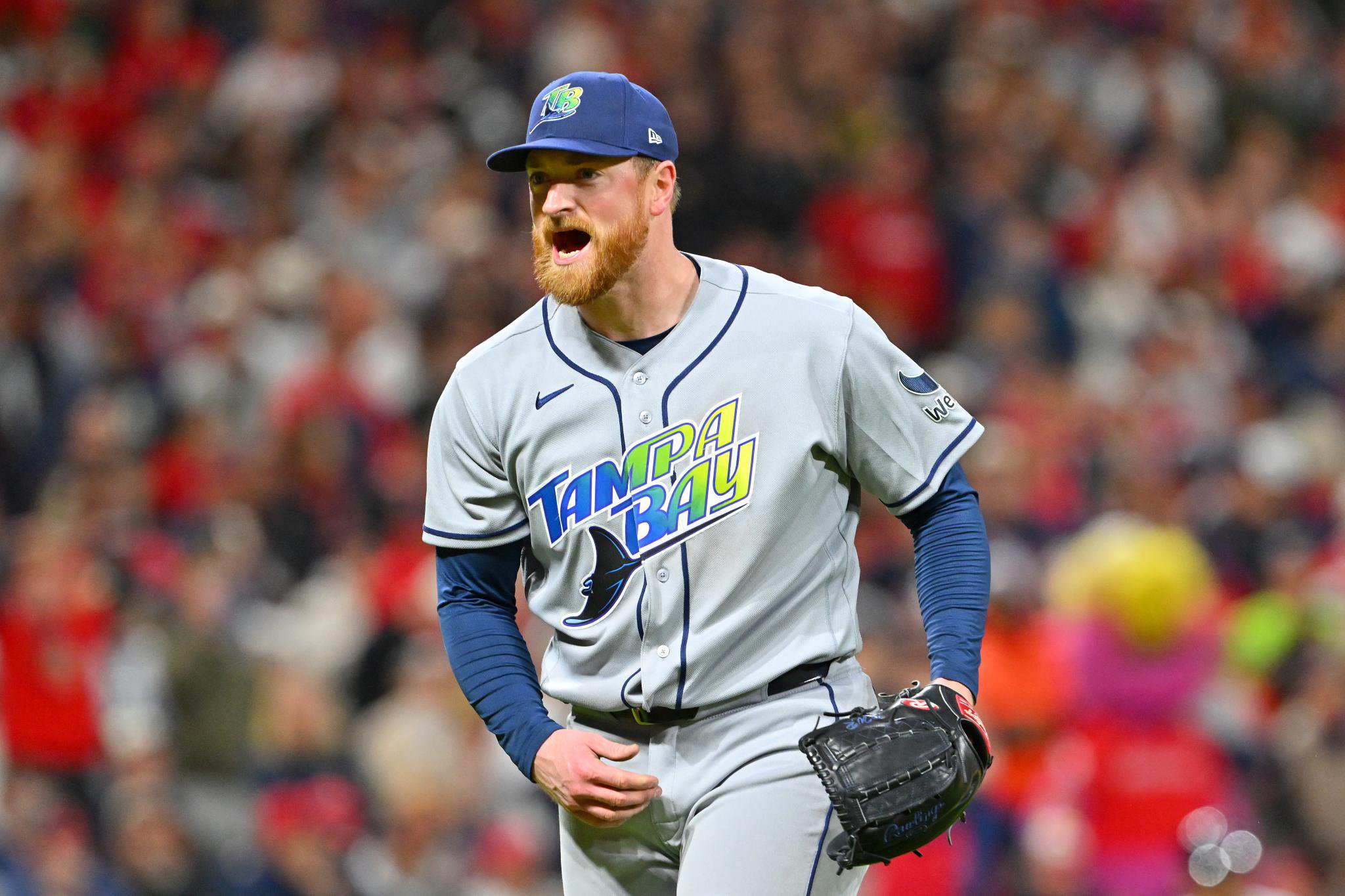 Tampa Bay Rays pitcher Drew Rasmussen reacts on the field during a game against the Cleveland Guardians.
