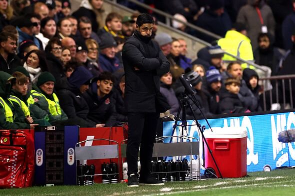 Mikel Arteta, Manager of Arsenal, reacts during the Carabao Cup Fourth Round match between Fleetwood Town and Arsenal at Highbur