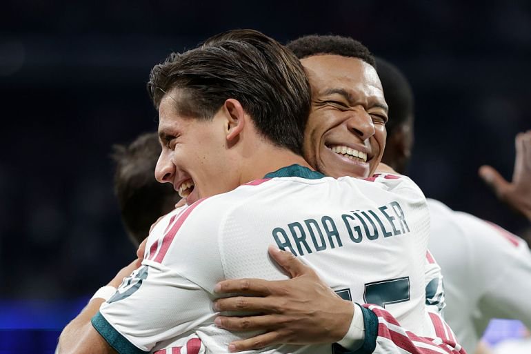 Arda Guler of Real Madrid , Kylian Mbappe of Real Madrid celebrates 2-0 during the UEFA Champions League match
