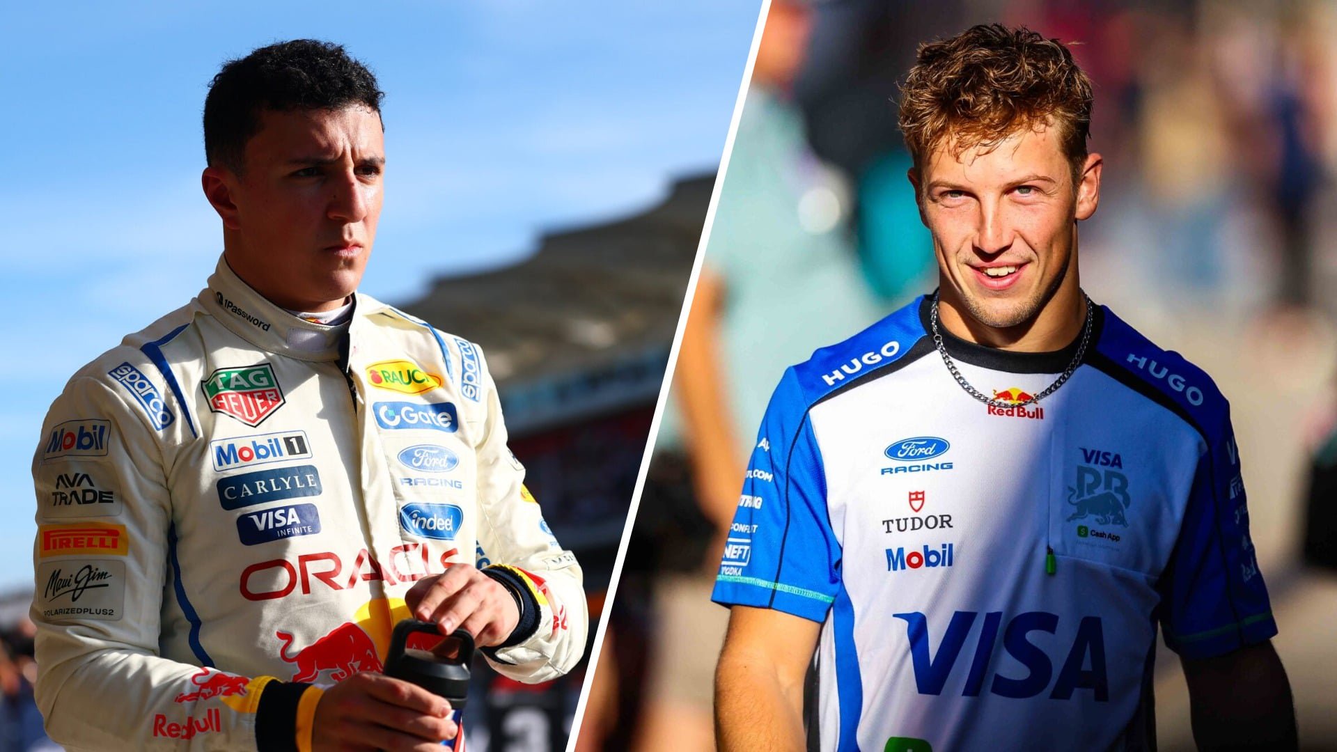 Isack Hadjar of Red Bull in US Grand Prix parc ferme; Liam Lawson of Racing Bulls walks in the paddock