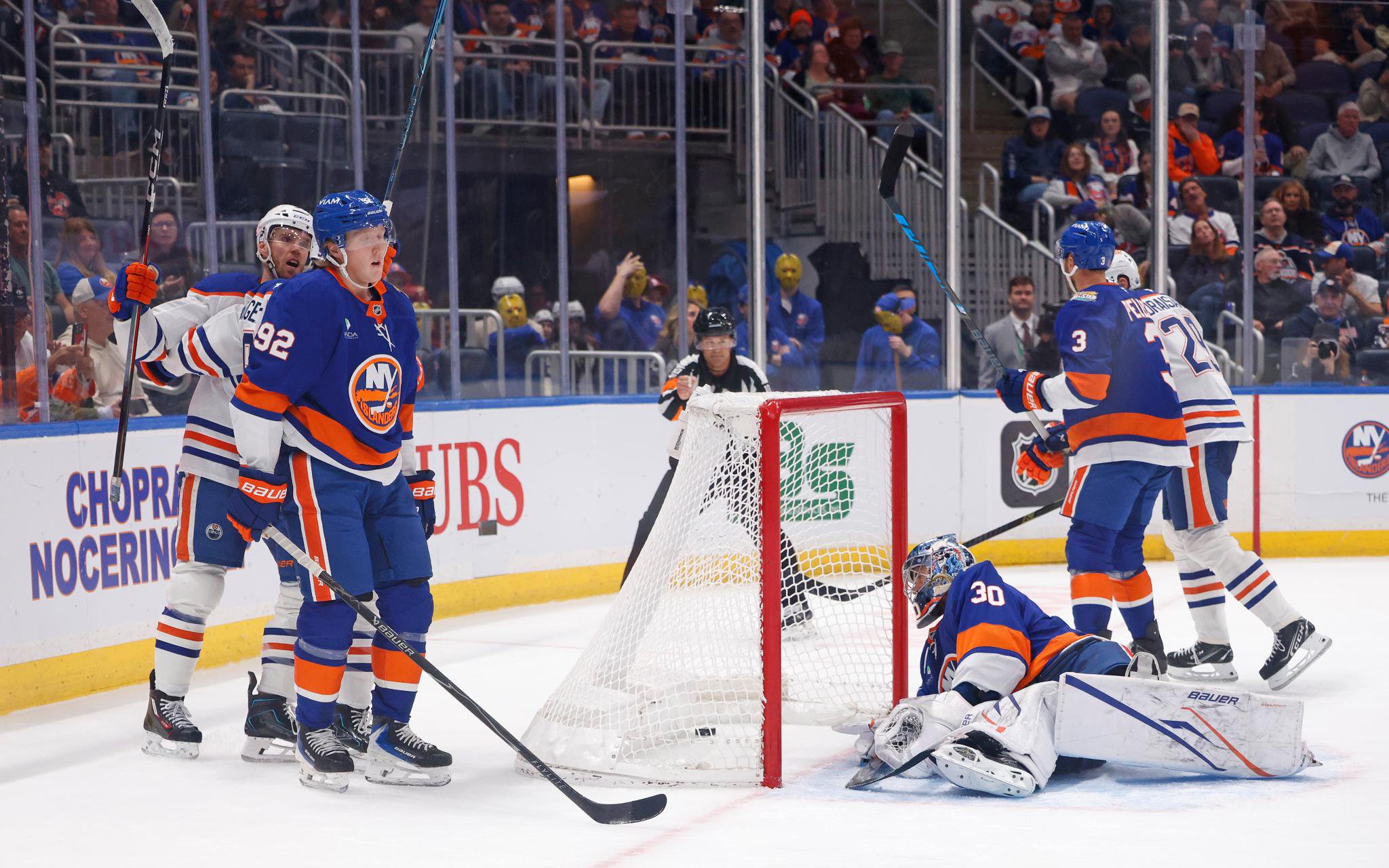 New York Islanders goaltender Ilya Sorokin allows a goal against the Edmonton Oilers.