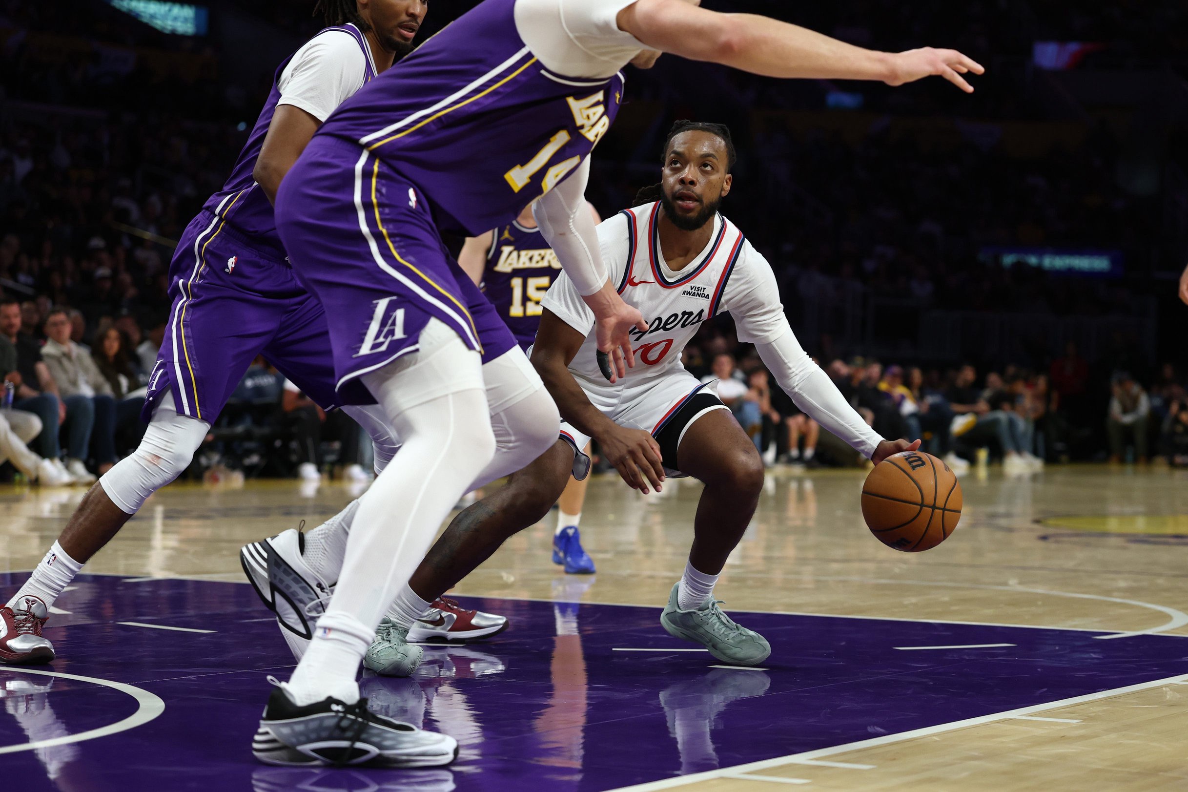 Darius Garland of the LA Clippers drives to the basket during the game against the Los Angeles Lakers at Crypto.com Arena on October 23, 2026, in Los Angeles, California.