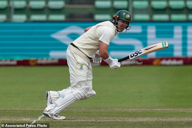 Australia's Matt Renshaw plays a shot on day four of the second cricket test match between South Africa and Australia, in Gqeberha, South Africa, Wednesday, Oct. 21, 2026. (AP Photo/Themba Hadebe)