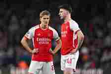 Martin Odegaard and Declan Rice of Arsenal during the Premier League match between Wolverhampton Wanderers and Arsenal FC at Molineux on April 20, ...