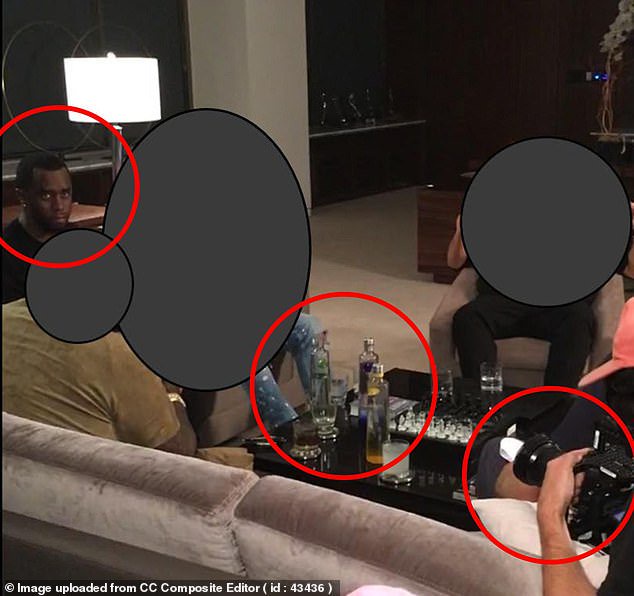 Diddy is seen glaring across the room in one image from a party, surrounded by vodka bottles as someone else films him
