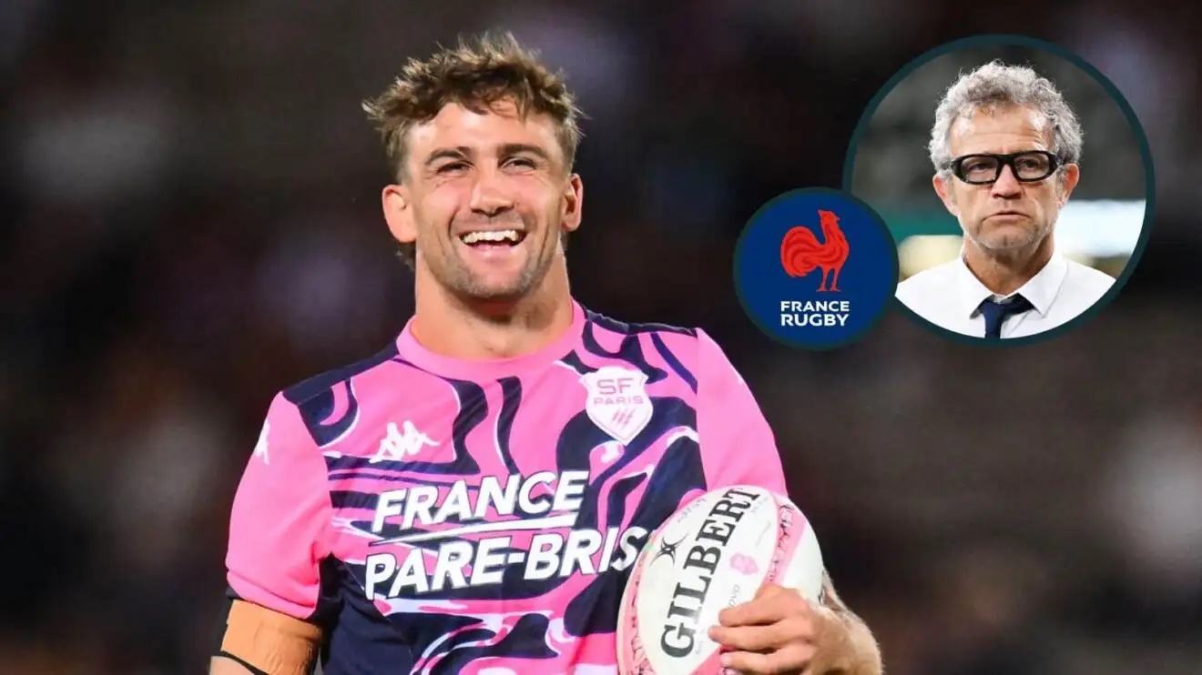 Stade Francais centre Jeremy Ward and an inset of France head coach Fabien Galthie.