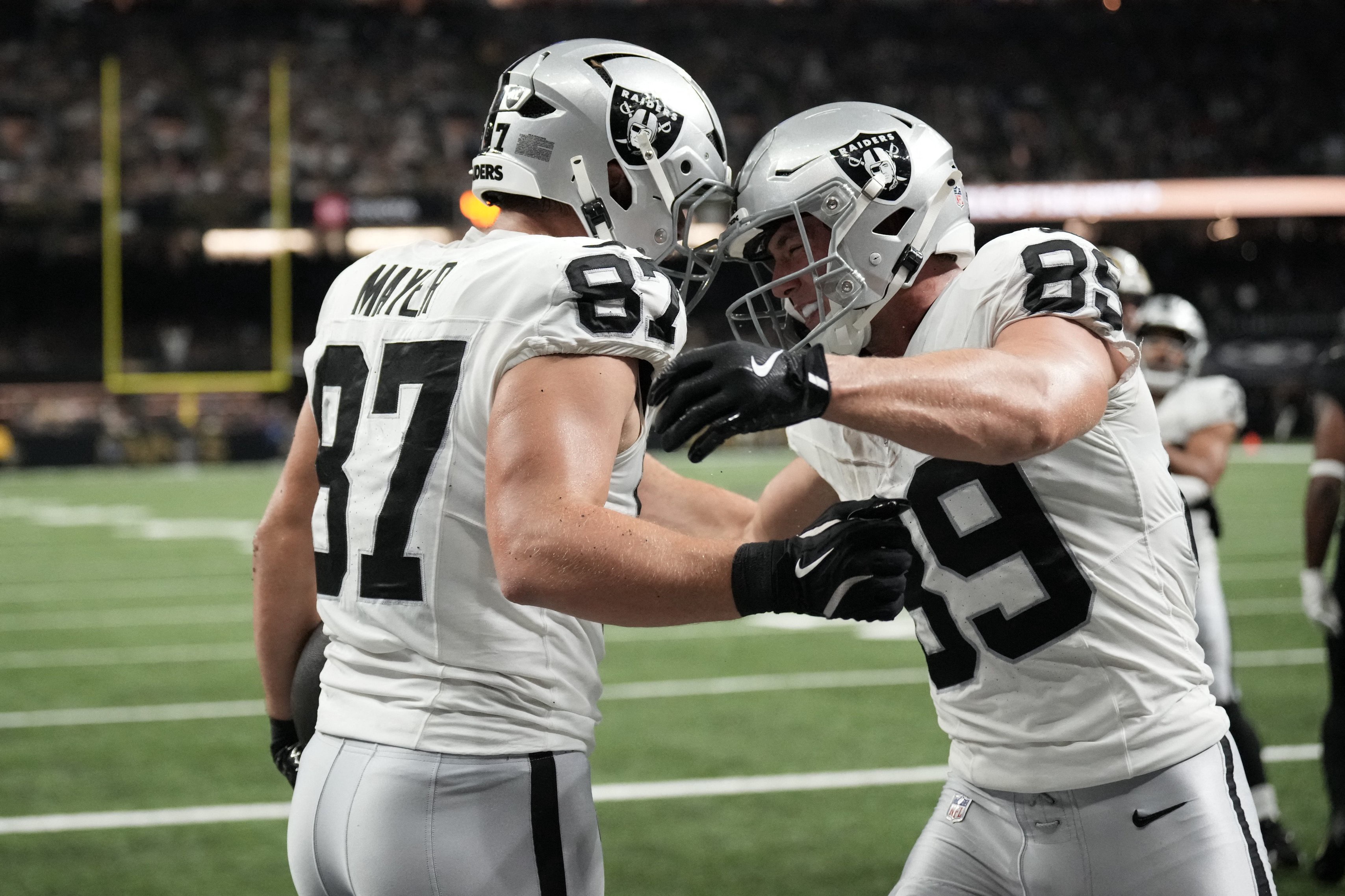 Sep 27, 2026; New Orleans, Louisiana, USA;  Las Vegas Raiders tight end Michael Mayer (87) celebrates scoring  a touchdown with tight end Brock Bowers (89) during the second quarter against the New Orleans Saints at Caesars Superdome.  Mandatory Credit: Matthew Hinton-Imagn Images